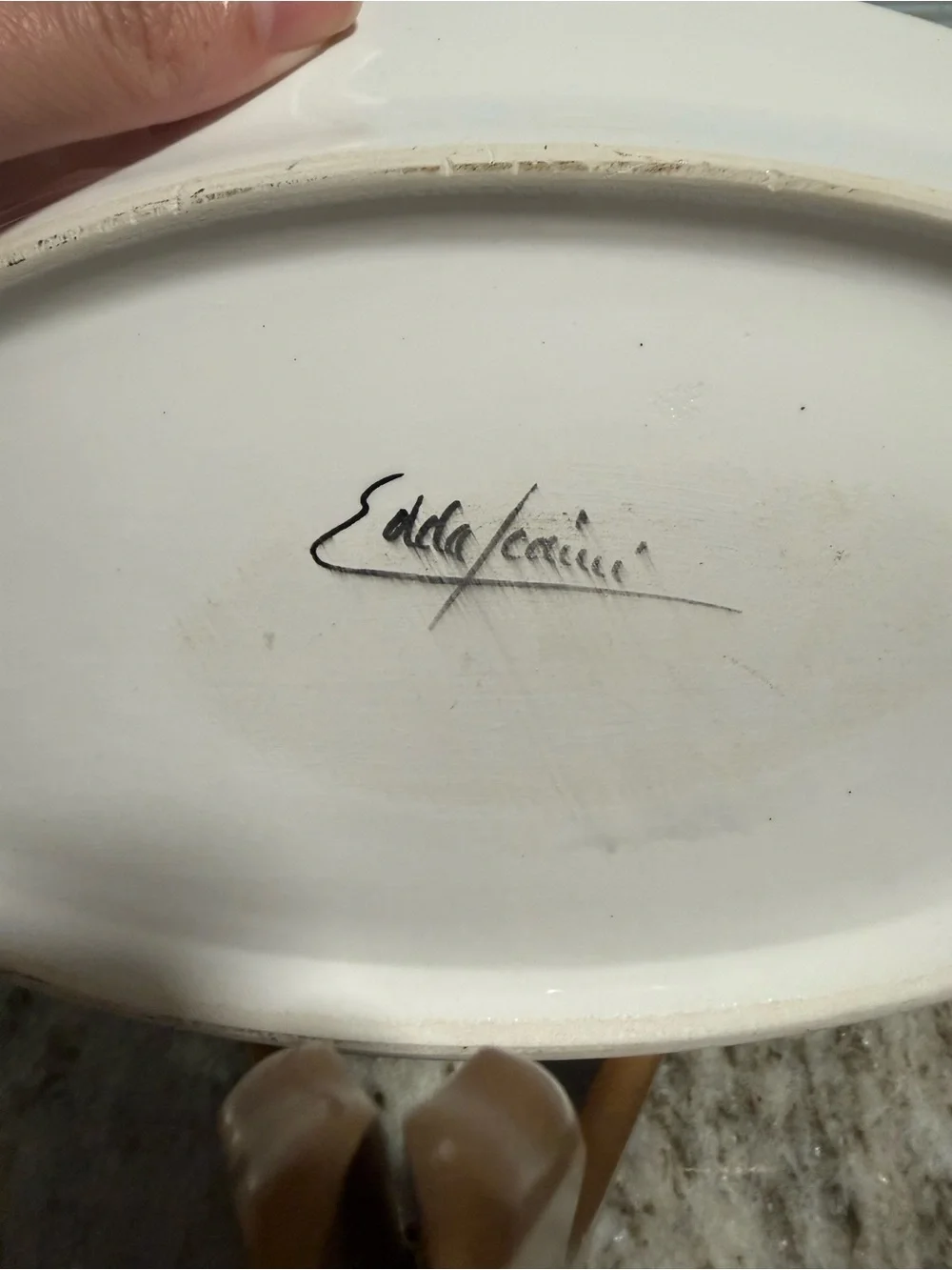 Signed Hand-Painted Ceramic Oval Platter Botanical Design